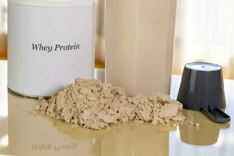 Whey protein powder next to a shaker bottle