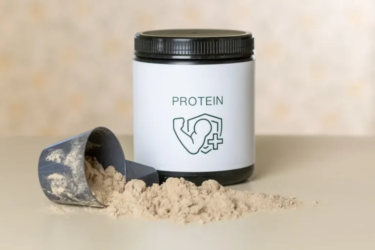 Um Frasco De Proteina Em Po Ao Lado De Uma Colher De Po R23MqZKCBcM